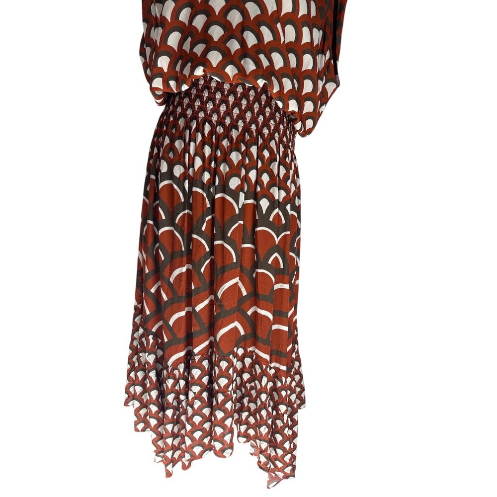 Ramy Brook Elie V-Neck Smocked Midi Dress in Amber Retro Large Womens Blouson - Picture 6 of 10